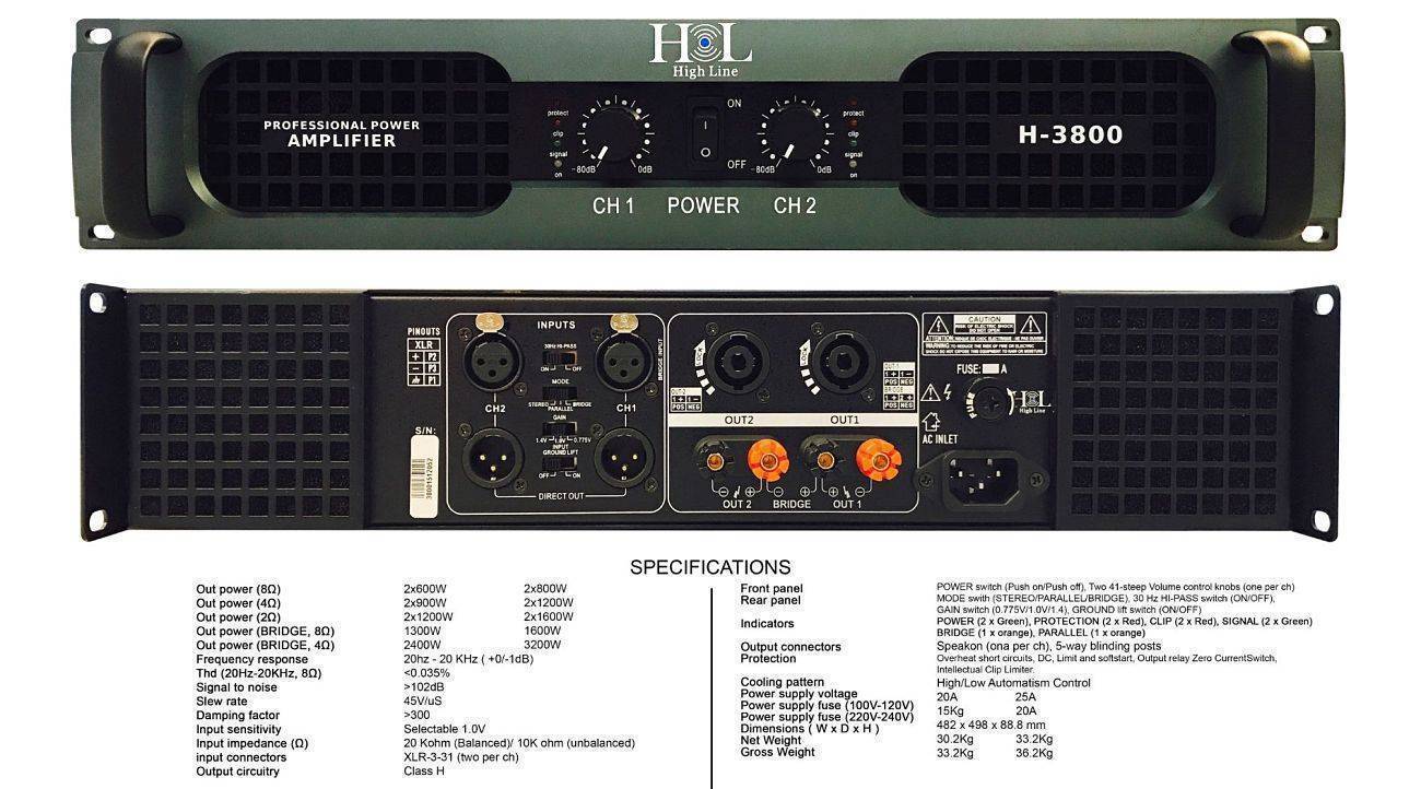 H-3800 AMPLIFICADOR 2 CANALES HIGH LINE